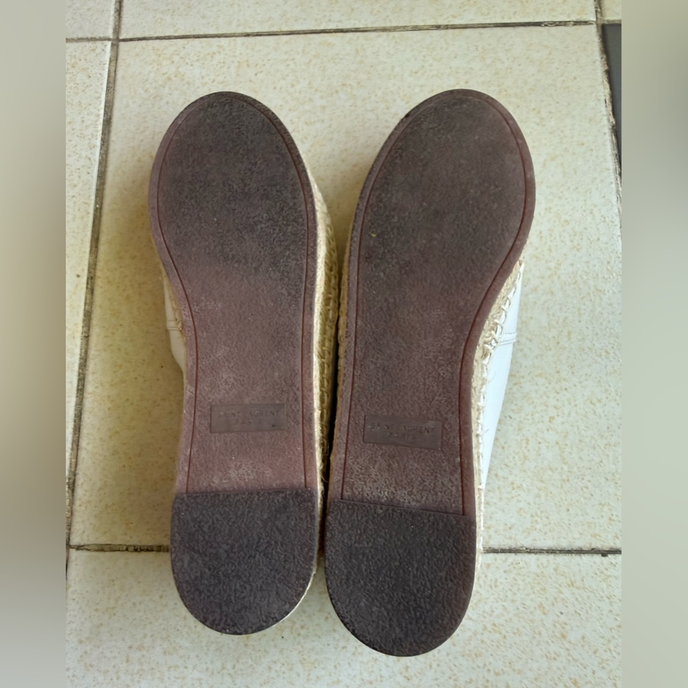 Saint Laurent White Leather Espadrille Flats with Gold Logo - Picture 8 of 10